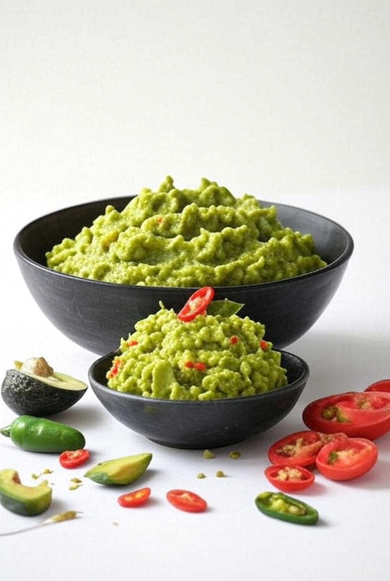 Aguacate encantado con tequila ilusorio y chiles luminosos. Servido con totopos que brillan.